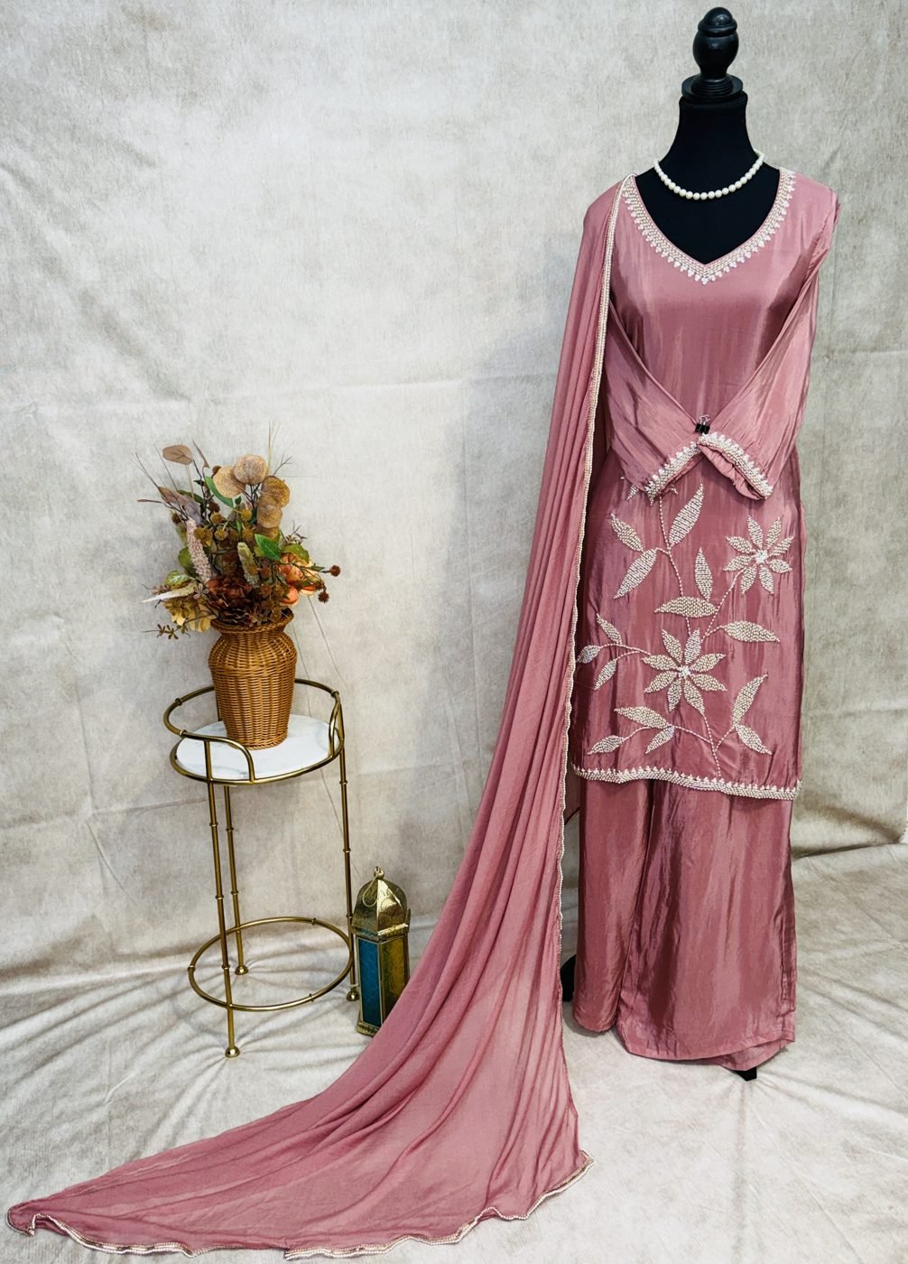Pure Crepe Onion Colour Suit with Pearl Work